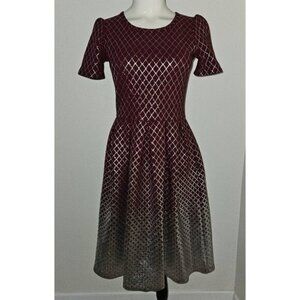 LulaRoe Elegant Amelia Burgundy Silver Foil Fit Flare Dress Pockets Size Small